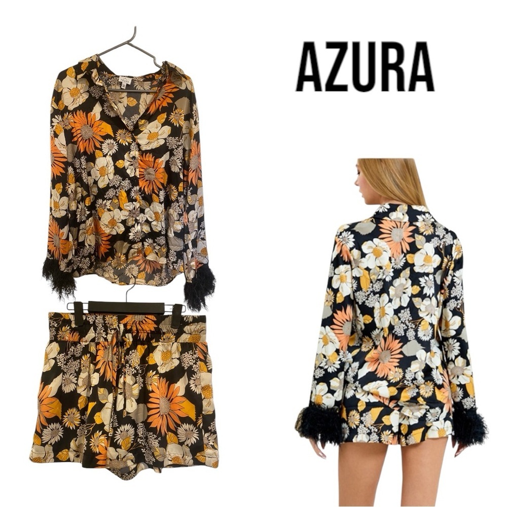Azura Floral Satin Feather Trim Pajama Set Shorts Top Size Large
